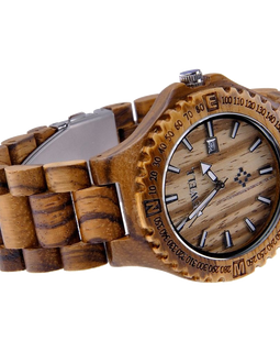MEKU Handmade Wooden Wrist Watches Quartz with Solid Natural Zebrawood and Date Calendar